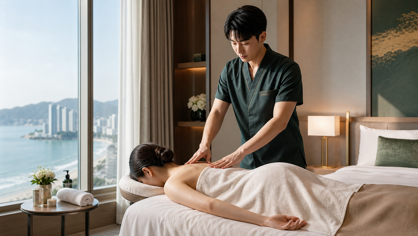Professional male therapist providing a respectful hotel massage visit for a female client in Busan